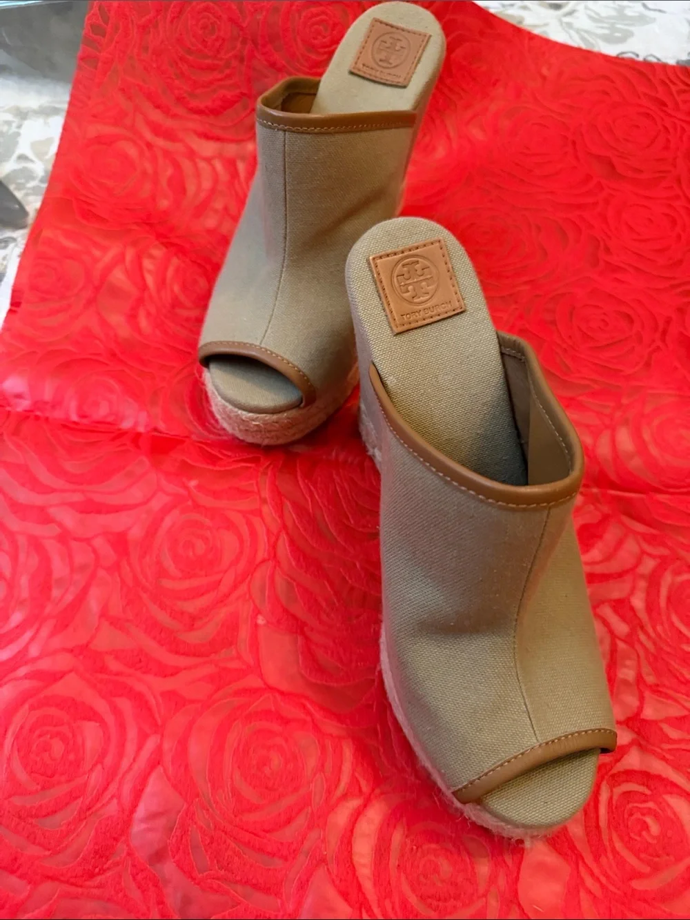 Tory Burch Beige Canvas Open-Toe Espadrille Wedges